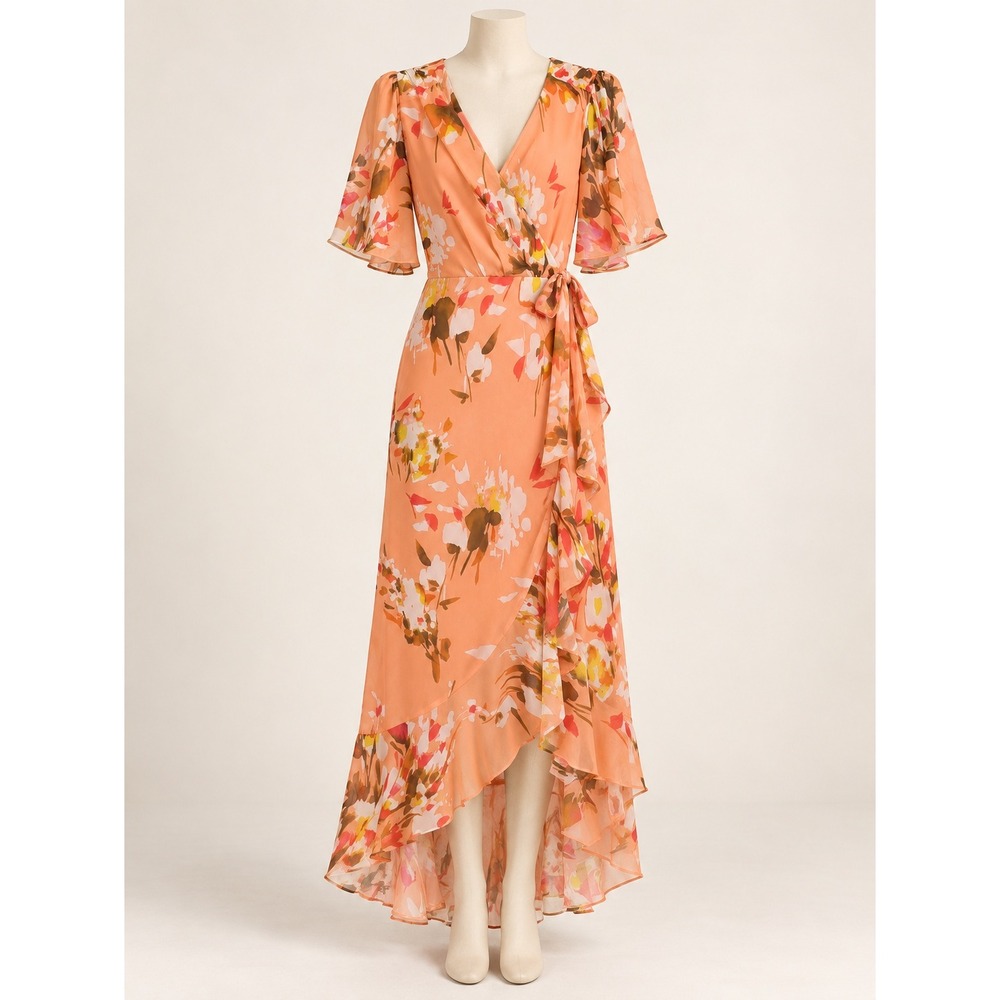 Premier Amour Floral Wrap Dress Peach Orange High Low Ruffle Maxi Short Sleeve
